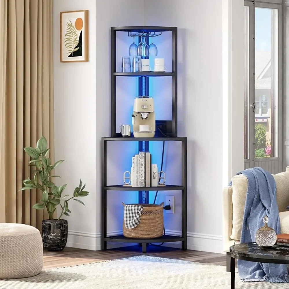 

Corner shelves with power outlets, LED lights and glass brackets, 5-tier corner bar shelves, corner bookshelves bookshelves