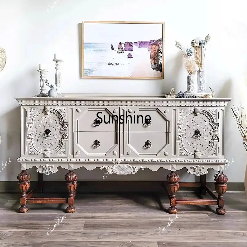 

French retro side cabinet light luxury foyer solid wood carving flower decoration