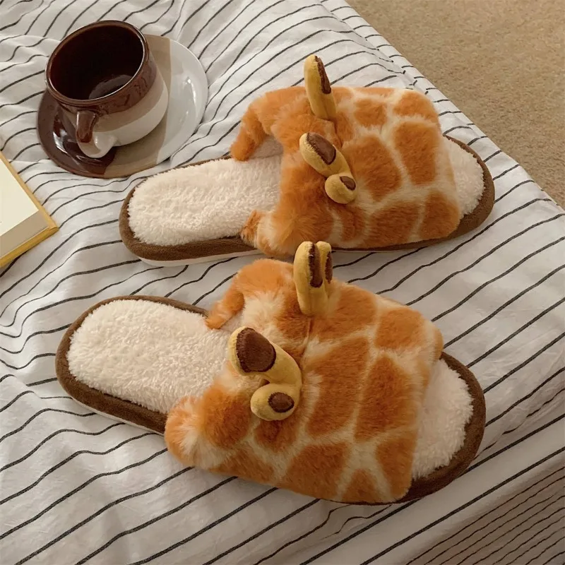 Winter Flat Women's Cotton Shoes Winter Cute Fluffy 3Dgiraffe Slippers Warm 2024 New Girls Giraffe Ears Indoor Shoes