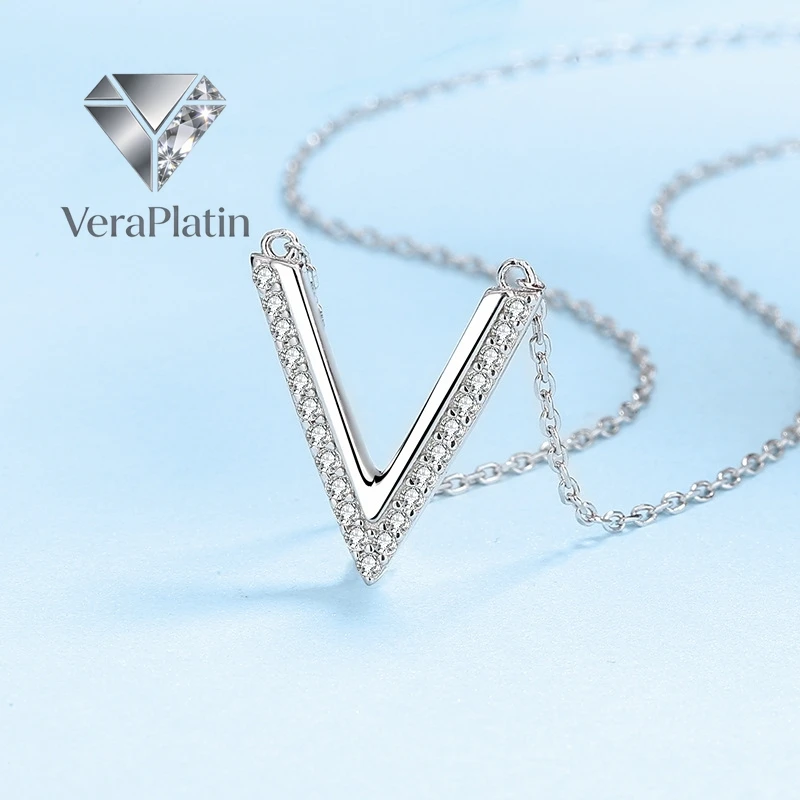 

VeraPlatin Daughter Birthday Gift 18K White Gold Victory Thanksgiving Necklaces 0.19CT Moissanite Diamond PT950 Platinum Christm