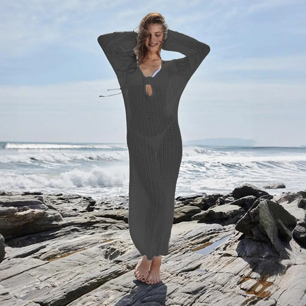 

Women's Beach Dress Hollow Knit Halter Strap V-neck Wide Blouse Blouse Long Sleeve Sunscreen Bikini Swimsuit