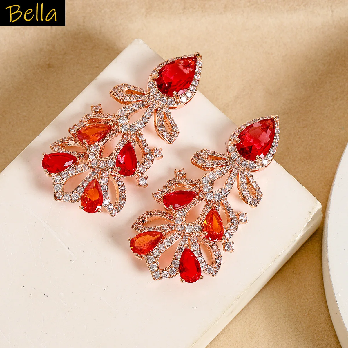 

luxury shiny earrings red crystal zircon classy jewelry wedding bride earrings leaf plant women anniversary gift wholesale