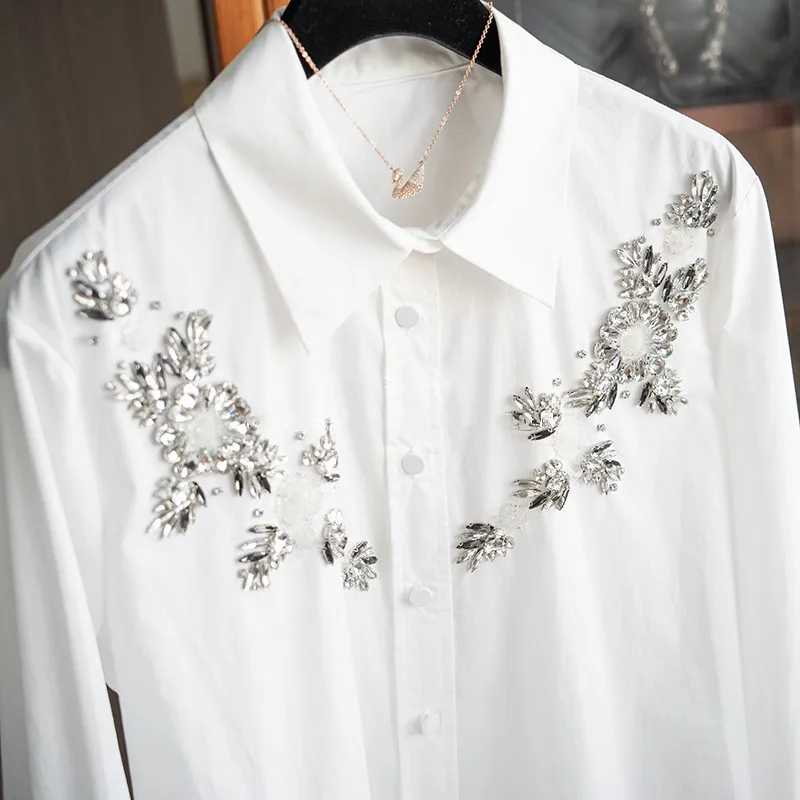 Lapel Handmade Diamond-encrusted White Shirt Women Long Sleeve Tops Camisas De Mujer