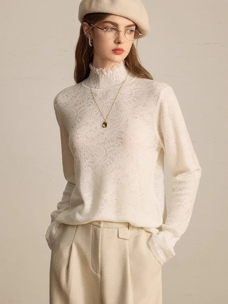 เสื้อสเวตเตอร์ไหมพรมถักลายลูกไม้ทรงยาวสำหรับฤดูใบไม้ร่วง ทรงเข้ารูป ใส่เป็นเสื้อตัวในได้ แฟชั่นทันสมัย ช่วยลดเลือนริ้วรอย ลายบทกวีศิลปะ ผ้าลินิน