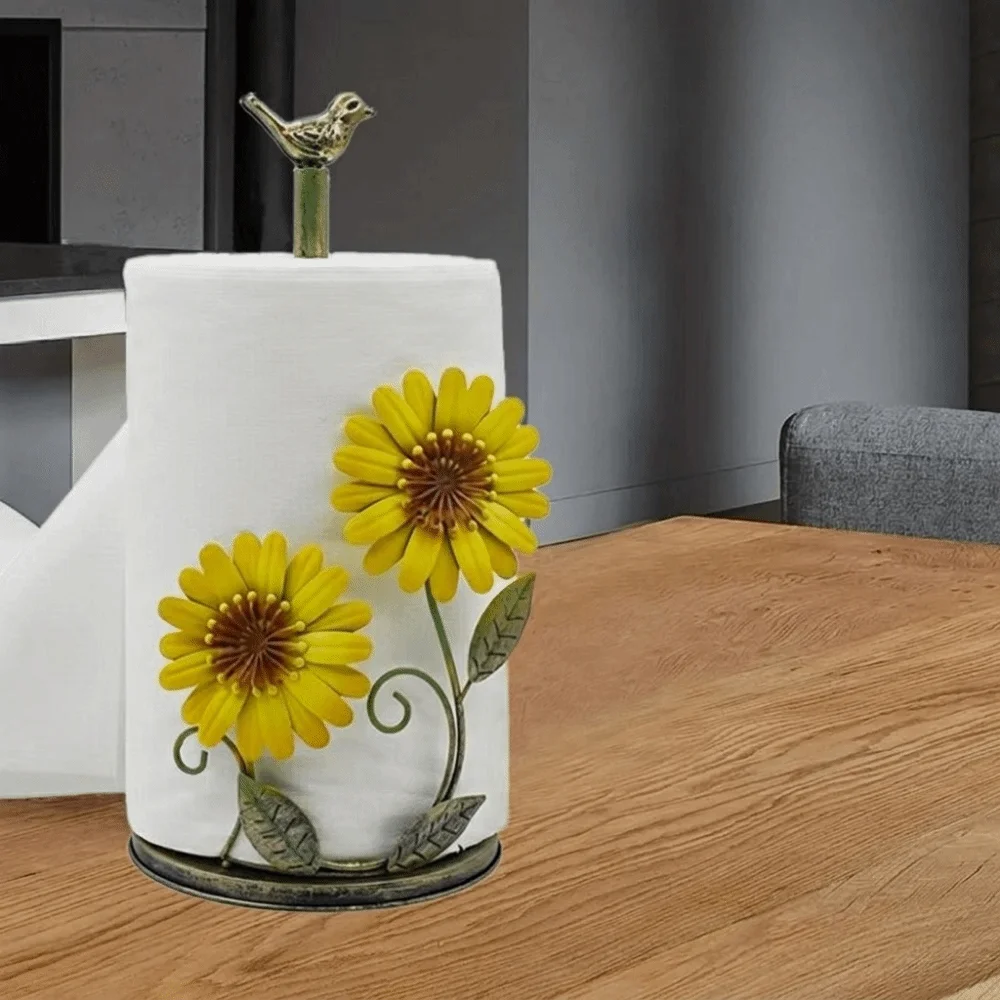 Iron Sunflower Paper Towel Holder Freestanding Anti-Skid Paper Towel Rack Decorative with Weighted Base Paper Towel Dispenser