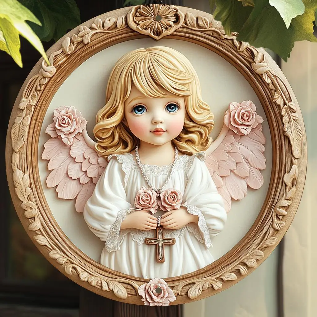 2D Flat, 1pc Vintage Angel Girl Round Aluminum Wall Art Sign - 8x8 Inch Floral & Cross Design, Horizontal Home Decor for Living