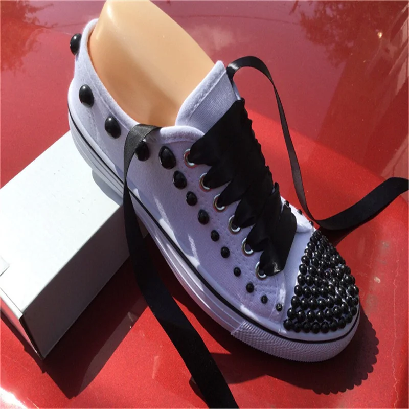 

Low-top canvas custom new handmade pearl lace breathable casual women's sports shoes 35-46