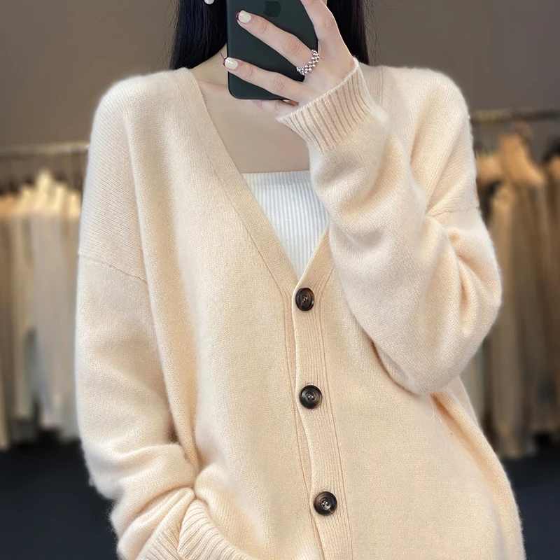 New Women\'s Cardigan 100% Pure Wool Knitted Sweater Coat Autumn/Winter V-Neck Loose Fashion Korean Jacket Clothing For Female