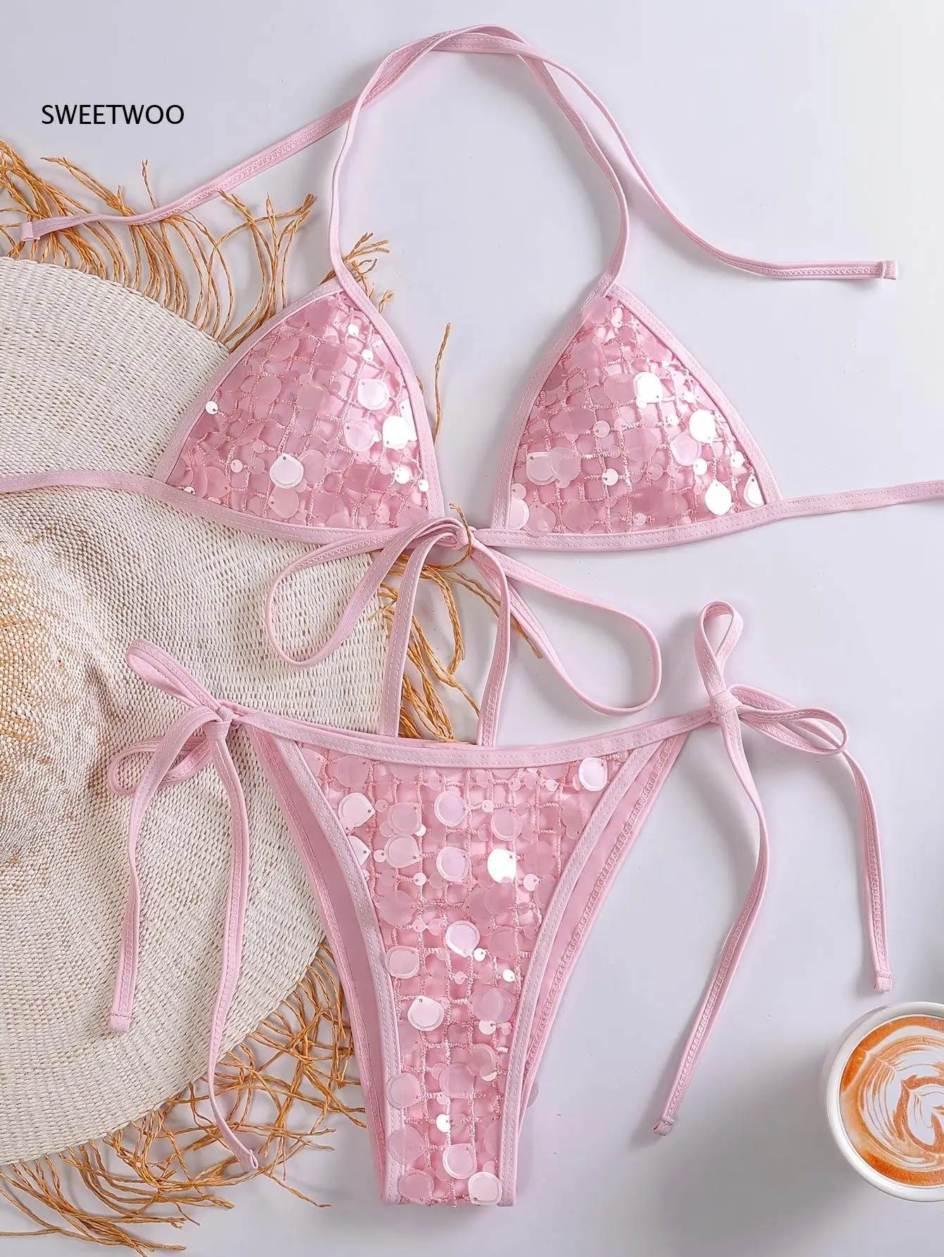 Women's Sequin Triangle Bikini Set - Sparkly Halter Tie Side Two Piece Swimsuit for Beach Pool Party Summer Vacation Holiday