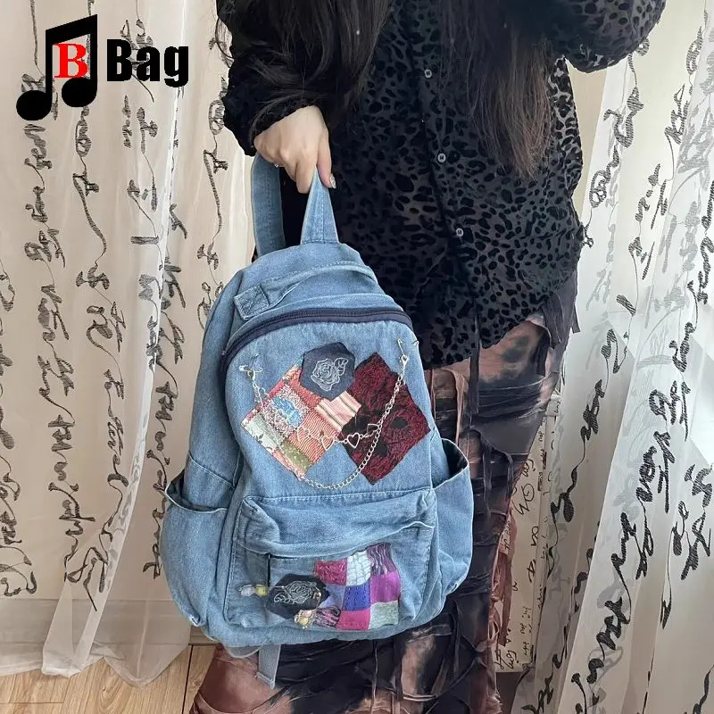 Y2K Gothic women's Girls Punk Handbags Harajuku Denim Splicing irregolare Rose Chain College Style zaino di grande capacità Totes