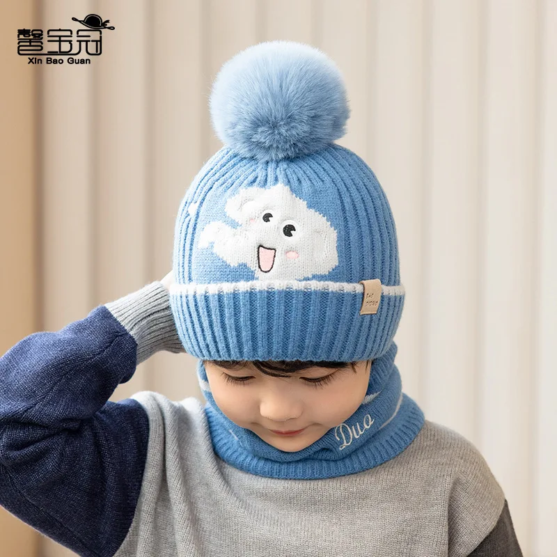 New Kids Hat Bib Two Piece Set Winter Warm Knit Beanie Hat Cartoon Furball Pullover Cap