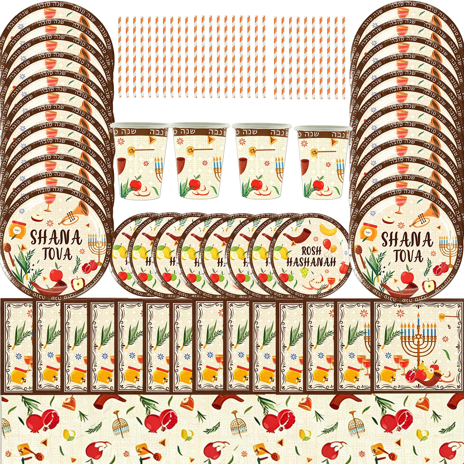 

Happy Purim Rosh Hashanah Theme Backdrop Jewish Shana Tova Party Decoration Plates Straws Tableware Wallpaper Banner Props
