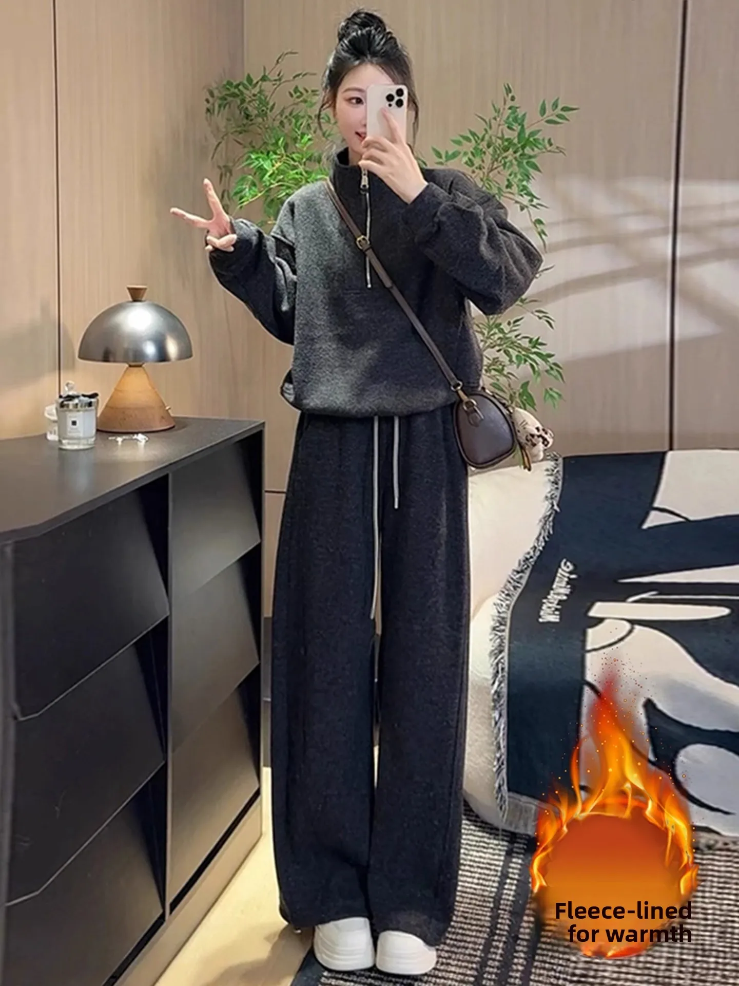 Damski komplet Thiened Fce na jesień i zimę, nowy, prosty i elegancki, bluza z wysokim kołnierzem na zamek i spodnie typu knife pants, dwuczęściowy zestaw.