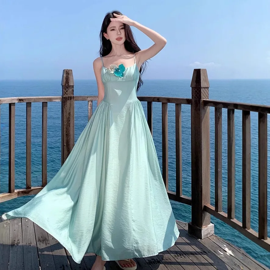 

Mint Green Flower Bright Thai Style Camisole Dress for Women's Summer New Seaside Vacation Style Beach Mid Length Dress
