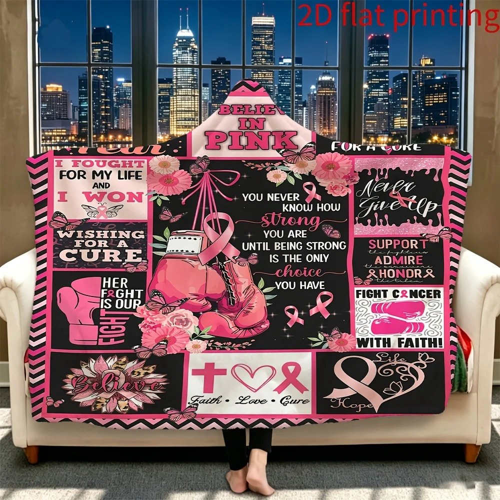 1pc Hooded Blanket, Small Coverlet, 2D Flat, Pink Checkered Breast Cancer Ribbon Struggle Inspirational Collage Pattern