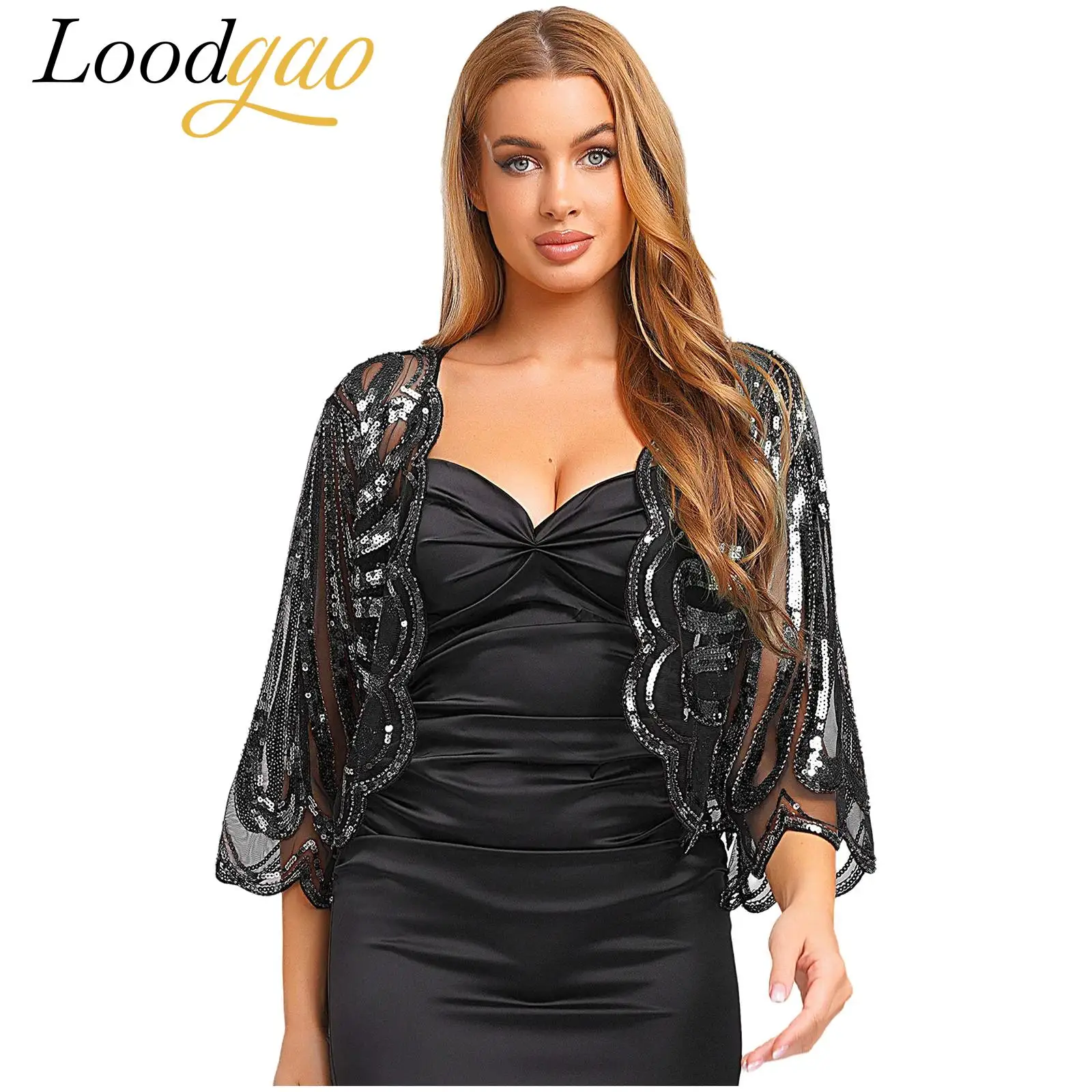 

Women Retro Shrug 1920s Sequin Lace Cocktail Party Bolero Shrug Cover Ups Wedding Accessory Vintage Shawls Wrap Evening Cape