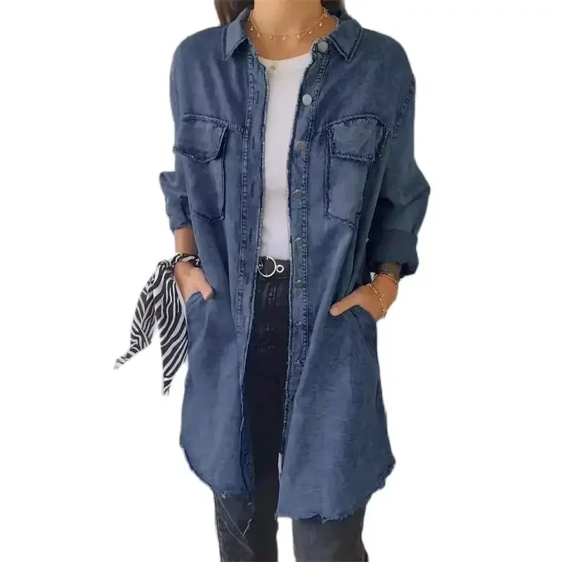 Spring Autumn Long-sleeve Denim Outerwear Women New Multi Pocket Single-breasted Cardigan Long Jacket Female Vintage Casual Coat