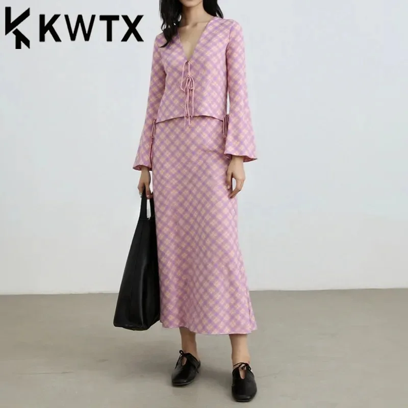 

KWTX Elegant Pink Satin Printed Blouse & Tie Waist Skirt Set Women's 2 Piece Outfit Spring Summer Fashion