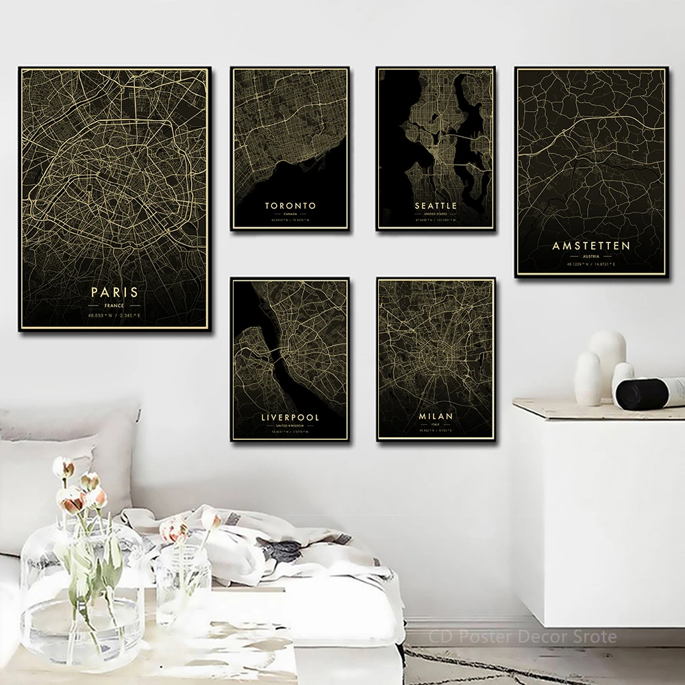 Vintage Florence Paris Seattle Rome City Map Dark Posters Retro Prints Art Wall Paintings Room Home Bar Restaurant Decor Picture