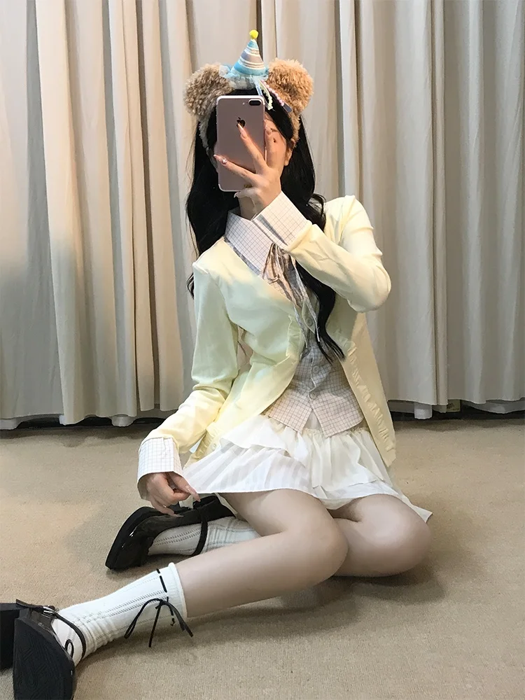 Doux Preppy Sle femmes deux pièces ensemble jupe longue Sve Polyester tissu automne Collection gâteau f jupe faux deux pièces haut