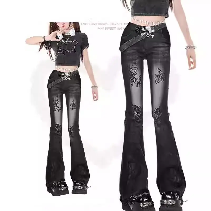 Ausgestellte Jeans für Damen, Jorts, Jeans, Hosen, Damen, Shoujo, Mädchen-Stil, Damen-Frühlingskleidung, Kokette-Jeans, Baggy, Y2k-Kleidung, Denim