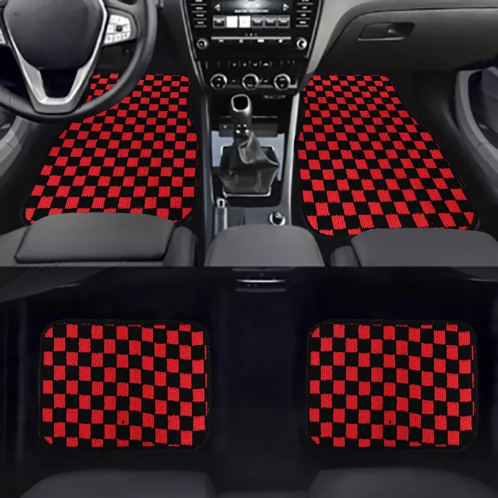 4Pcs Racing  Plush Floor Mat Checkers Vehicle Front Rear Carpets Universal Car Floor Carpet Rugs Non-Slip Car Decoration