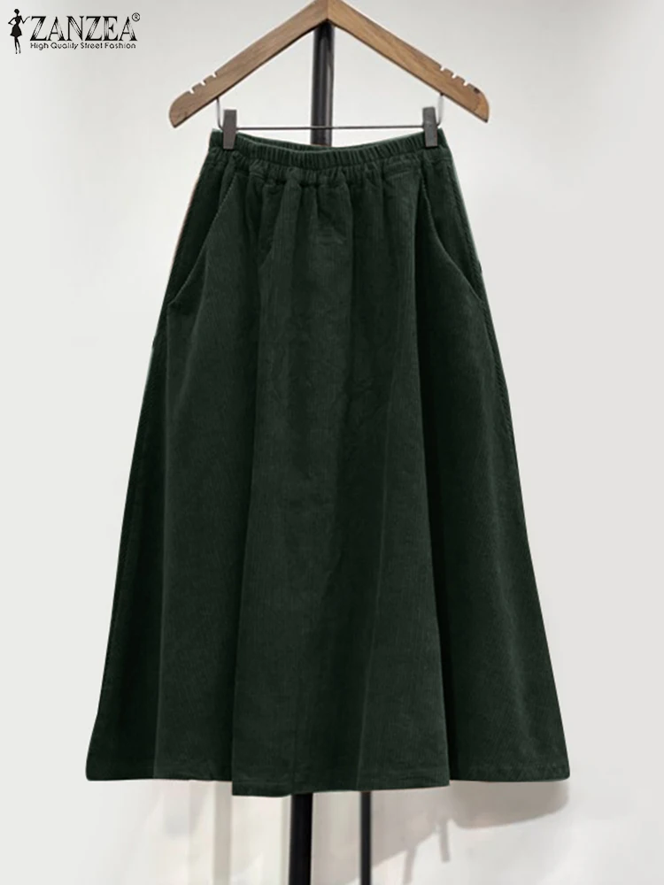 

ZANZEA Vintage Autumn Elastic Waist Solid A-line Midi Skirts Fashion Corduroy Skirt Women Casual Party Overskirts Faldas Saia