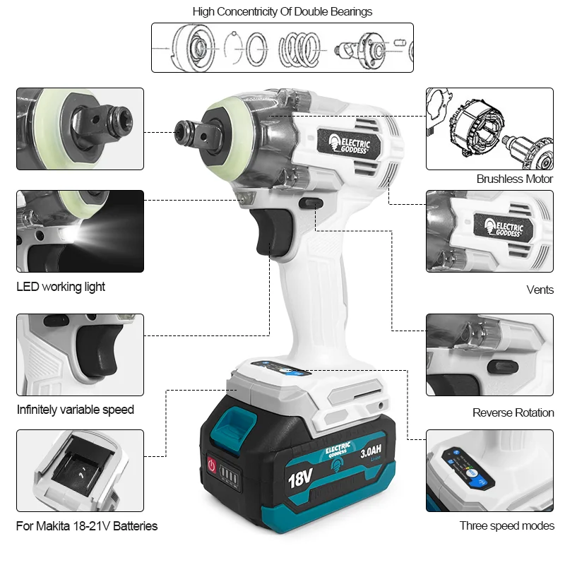 Электрическая богиня, беспроводной электрический ударный гайковерт, крутящий момент 800N M, бесщеточный инструмент, электрический инструмент для обслуживания, аккумулятор Makita 18-21 В
