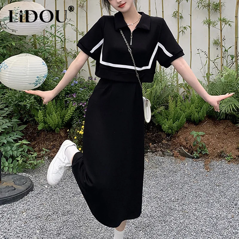 Summer Fashion Solid Color POLO Collar A-line Dresses Women Korean Zipper Fake Two Pieces Patchwork Elegant Dress Female Clothes