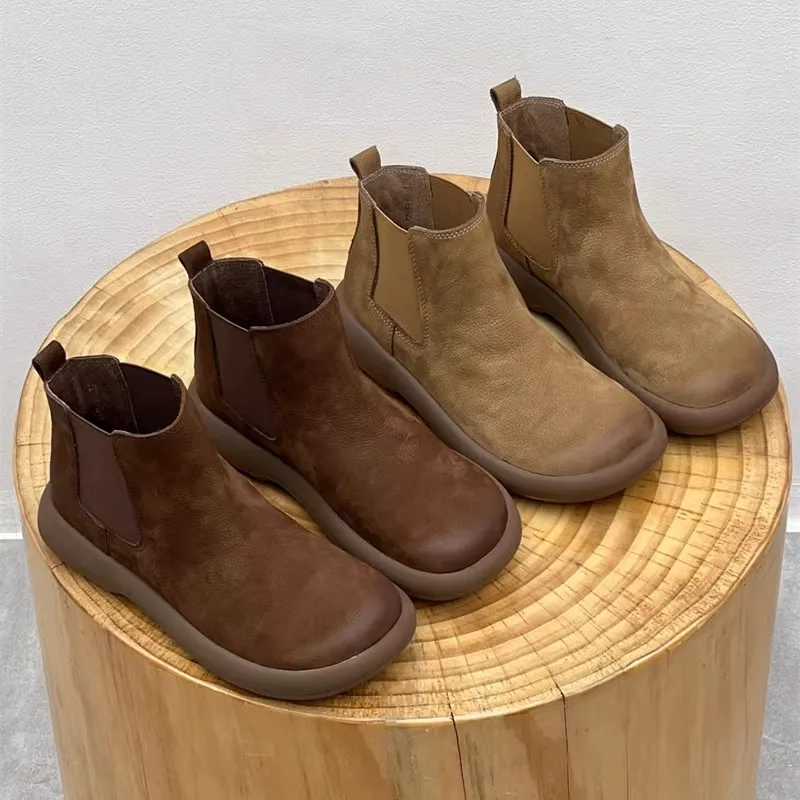 

GKTINOO Handmade Genuine Leather Short Boots 2025 Autumn Winter Fur New Retro Round Toe Flat Slip-on Women's Shoes Chelsea Boots