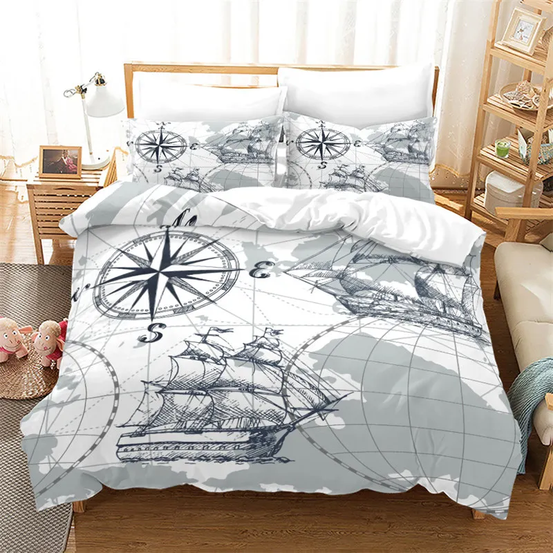 Vintage Pirate Sailboat Duvet Cover Nautical Ocean Theme Bedding Set Microfiber Diablo Style Comforter Cover King For Boys Teens