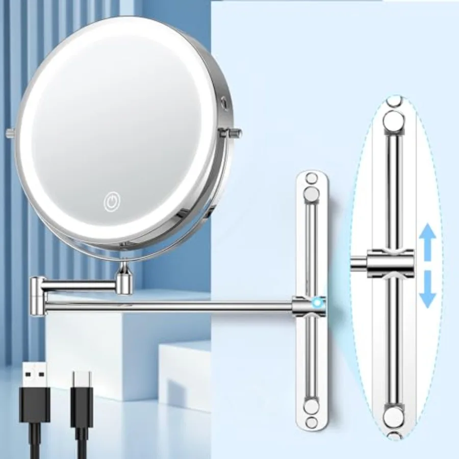8.5" Rechargeable Wall Mounted Lighted Makeup Mirror with Magnification 10X Adjustable Brightness and Height 3 Light Colors 360