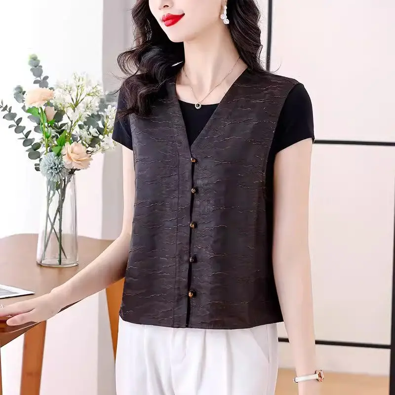 

Mom's Summer Waistcoat Women 2024 New Chinese Vintage Mulberry Silk Fragrant Cloud Yarn Vest Slim Sleeveless Short Coat K1452