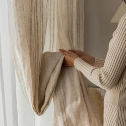 Rural Solid Linen Color Sheer Curtains for Living Room Bedroom Vintage Natural Cotton Flax Gauze Striped Window Drapes Home Deco