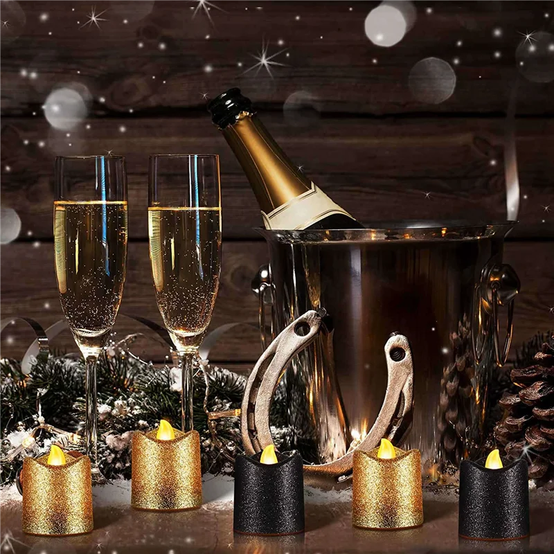 A11I 48 confezioni di candele votive senza fiamma dorate Tealight a LED glitter neri Luci da tè a batteria Supporto per luce gialla calda