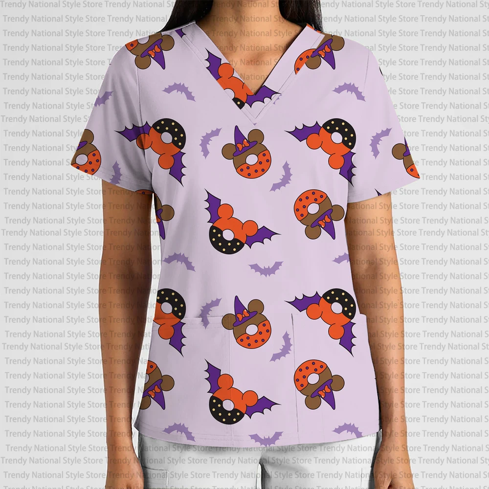 New Disney Halloween Ghost Mickey and Minnie Fashion Women's Work Uniform Scrub Top with V-Neck Pocket Hospital T-Shirt