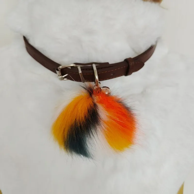 Colorful Furry Pom Pom Choker - Adjustable PU Leather Neck Collar with Bell, 70cm, 2 Styles (Orange/Blue)