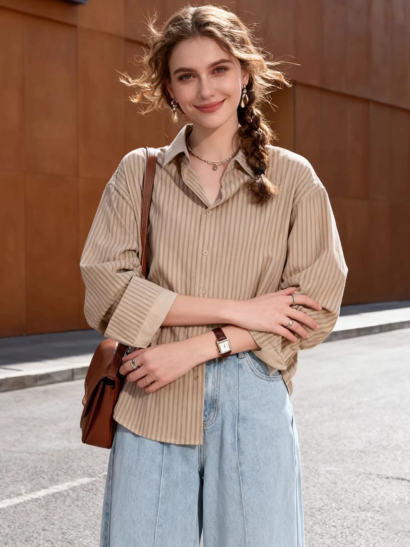 

Retro Striped Women's irt Long Sve Loose Versatile Casual Top Layering Spring Autumn Faion Brand Button down