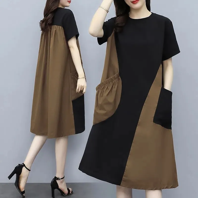 Vestido de Verano con Bloques de Color, Manga Corta, Hoado, Cintura Alta, Falda en Línea A, Estiliza y Cubre el Abdomen, Nu...