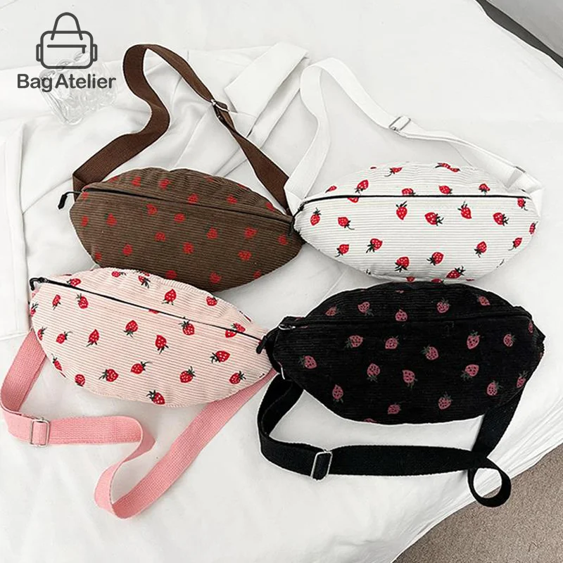 

Cute Strawberry Printed Waist Bag Corduroy Commuter Dumpling Satchel Fashion Simple Portable Sports Storage Bag Gift