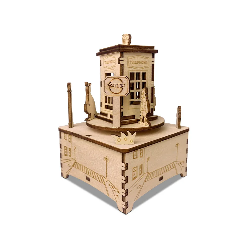 

3D Wooden Puzzle Wooden Telephone Booth Music Box Model Handmade DIY Assembly Toy Jigsaw Model Building Kits for Kids Adults