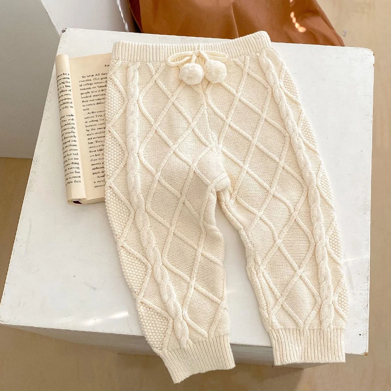 Autumn new 0-3 year old baby pants for boys and girls, diamond pattern apricot white knitted elastic ankle long pants