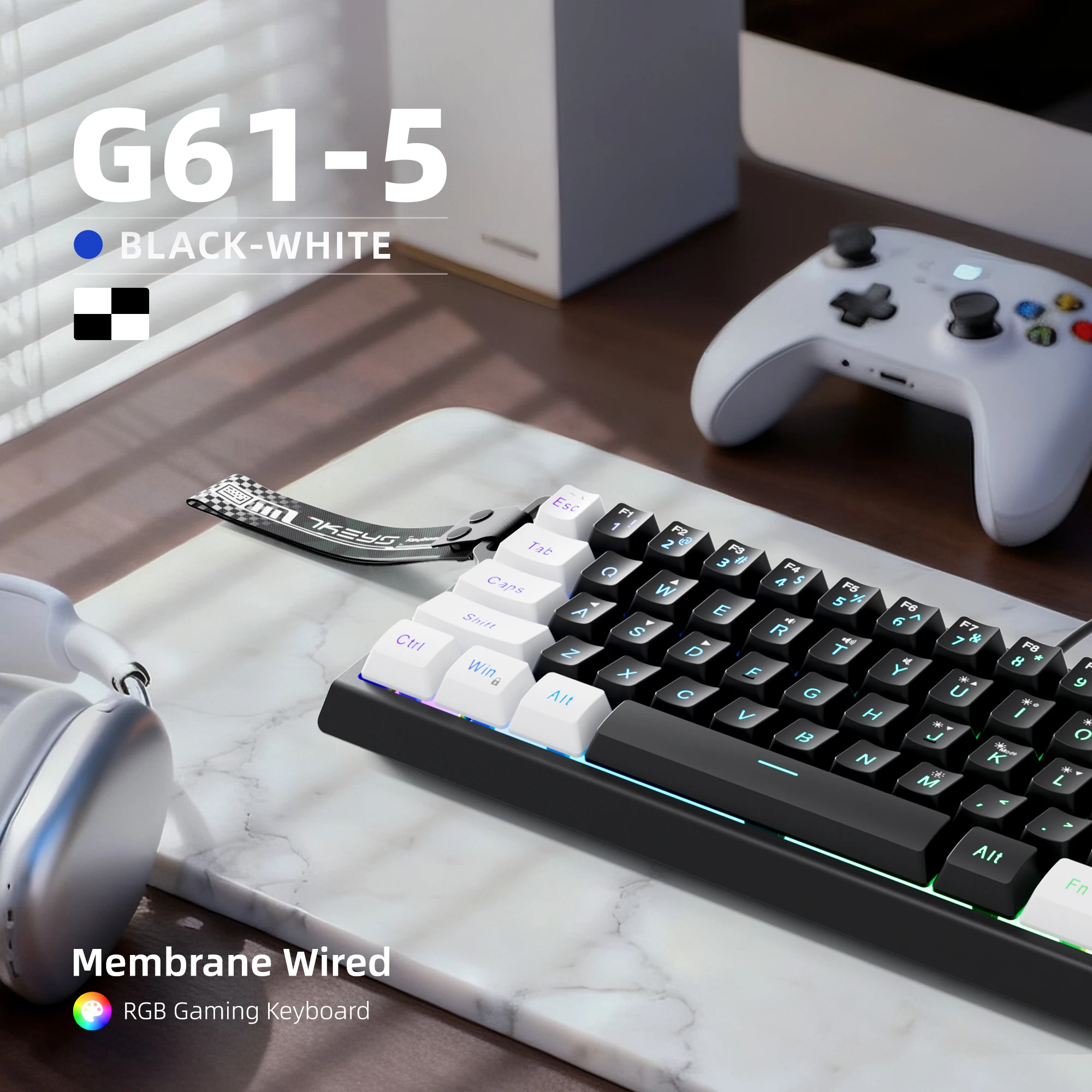 

60% gaming keyboard, numeric keypad and mouse set. The mini-gaming keyboard has 61 keys with true RGB backlighting. The detachab