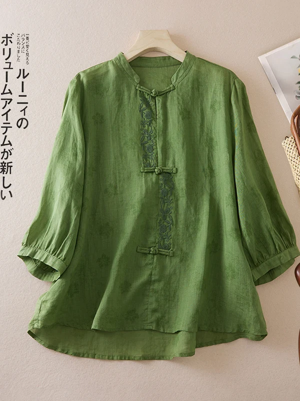 Retro Embroidered Cotton Linen Thin irt Large Size Women's Button Stand Collar Seven Sve Zen Tea Costume Top