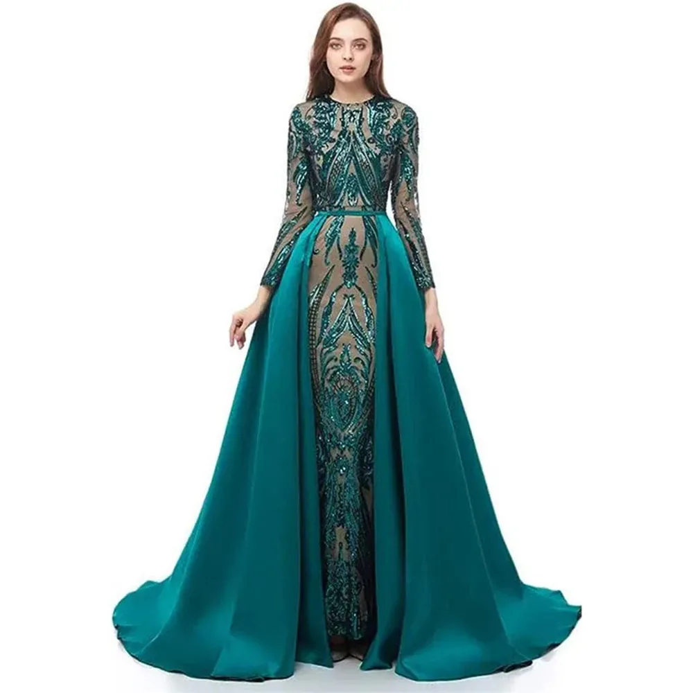 2025 luxe Sexy sirène robes de bal manches longues cristal perlé avec Satin détachable Train robes de soirée femmes arabe spécial