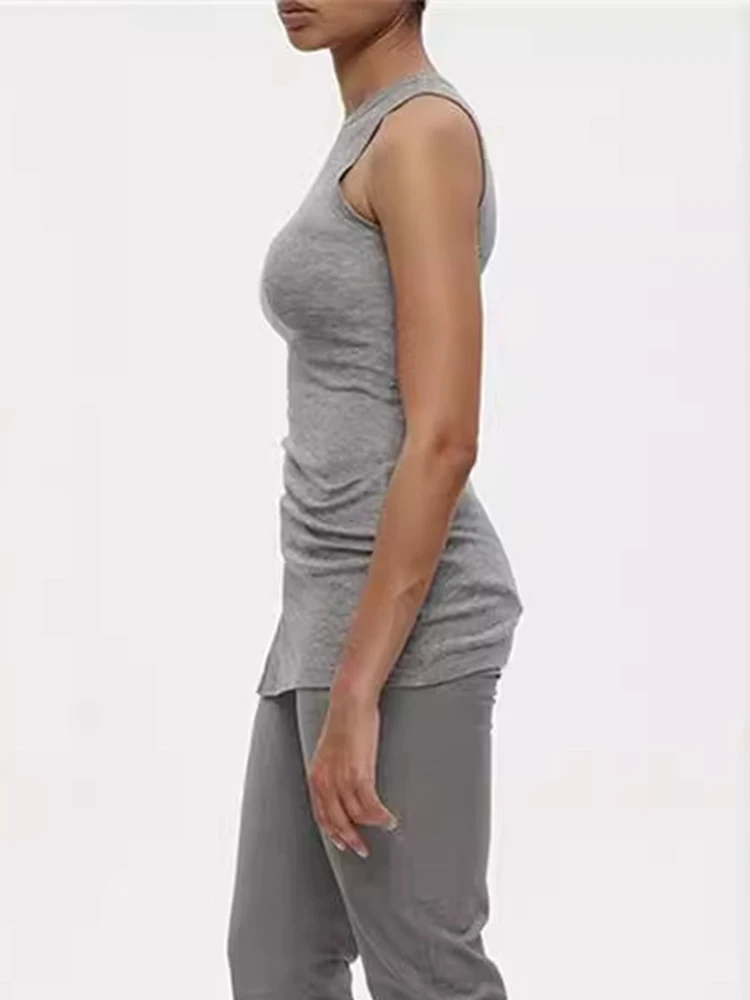 DEAT Fashion Sexy Women\'s Short Tank Tops Round Collar Sleeveless Folds Side Split Slim Thin Tops Summer 2024 New Tide 7AB4130