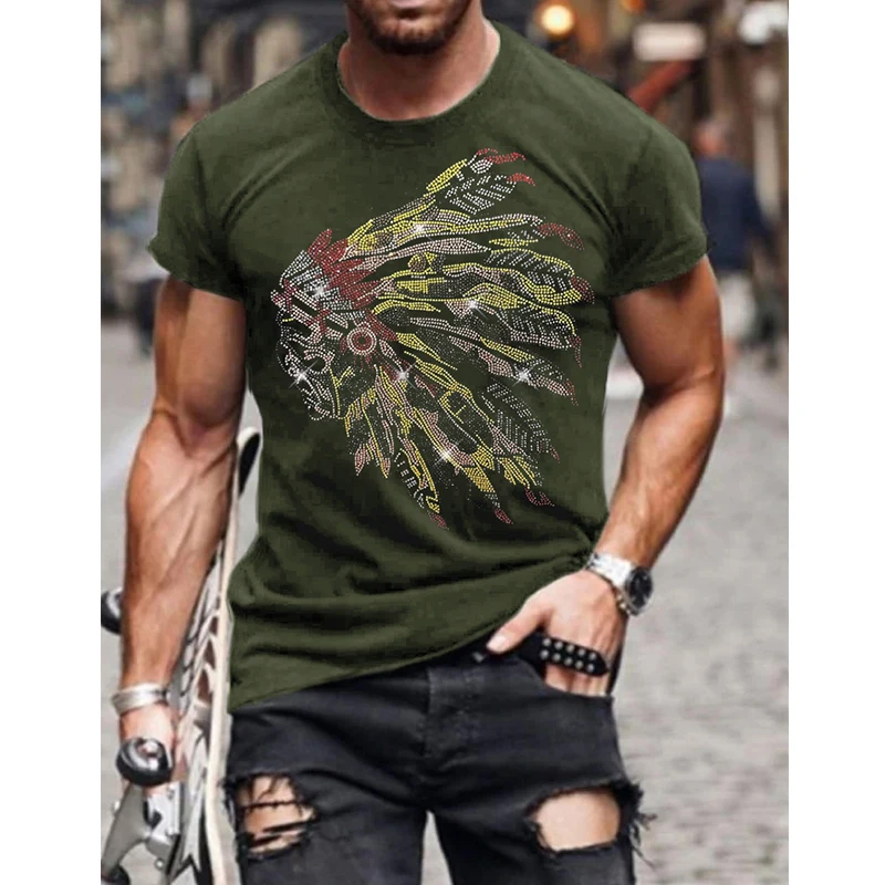 Fashion Men\'s Clothing Oversized Tee y2k Indian Rhinestone Designer Short Sleeve Tops Hip Hop Casual Street t-shirt High Quality