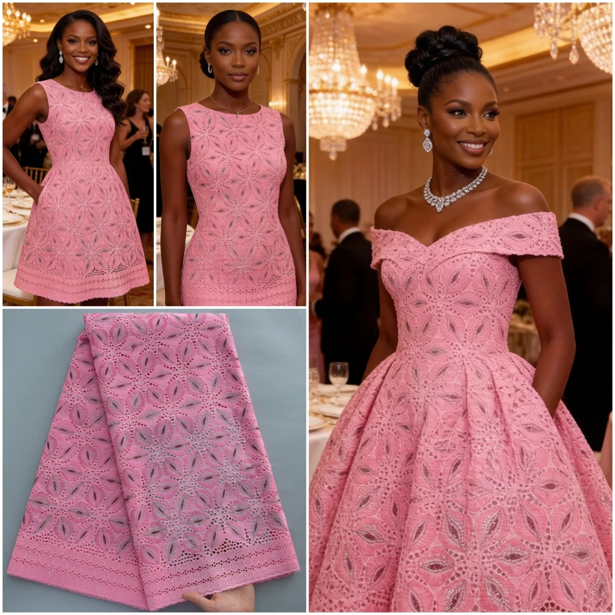 Romantische Rosa Bestickte Afrikanische Baumwollspitze |   Nigerianische Schweizer Voile-Spitze mit Steinbesatz, Blumen und durchbrochenem Rand für Brautkleider
