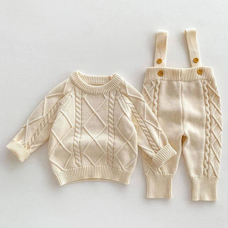 Infant Kids Baby Girls Boys Long Sleeve Solid Color Knit Sweaters + Braces Pants Clothing Sets Autumn Baby Sweater Clothes Suit