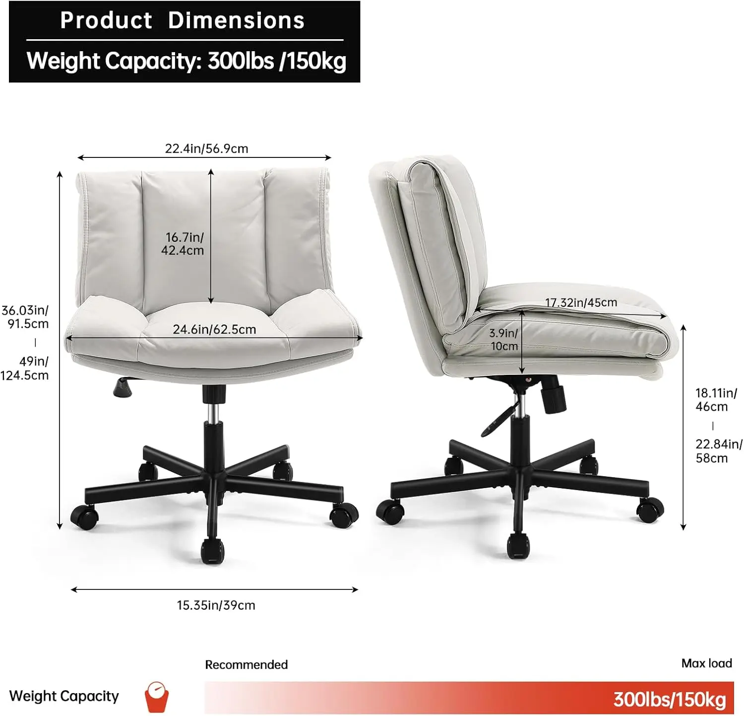 Criss Cross-Chaise de Bureau Confortable Sans Accoudoirs avec Roues, Siège Large, Jambes Croisées, Tissu Module, Réglable, Recommandé